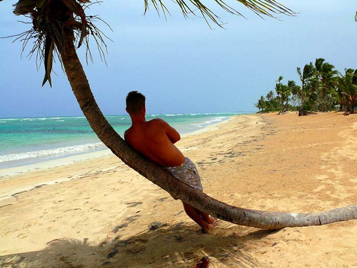 Man standing at the sea shore near the coconut tree